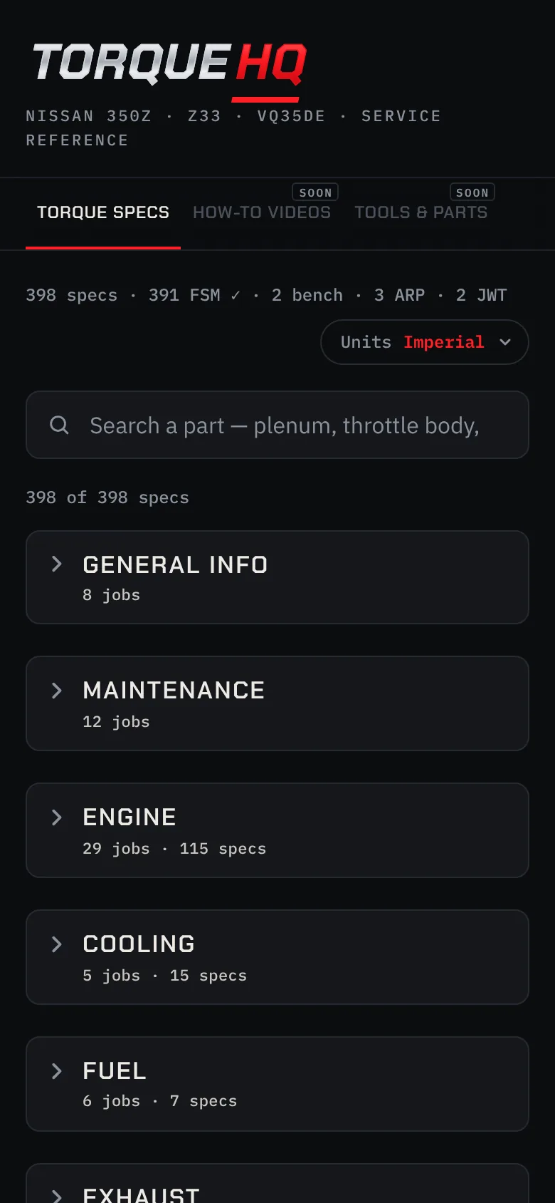 The app's home screen: the Torque HQ wordmark, 398 specs, units set to Imperial, the search box and its sections, from General Info to Fuel.